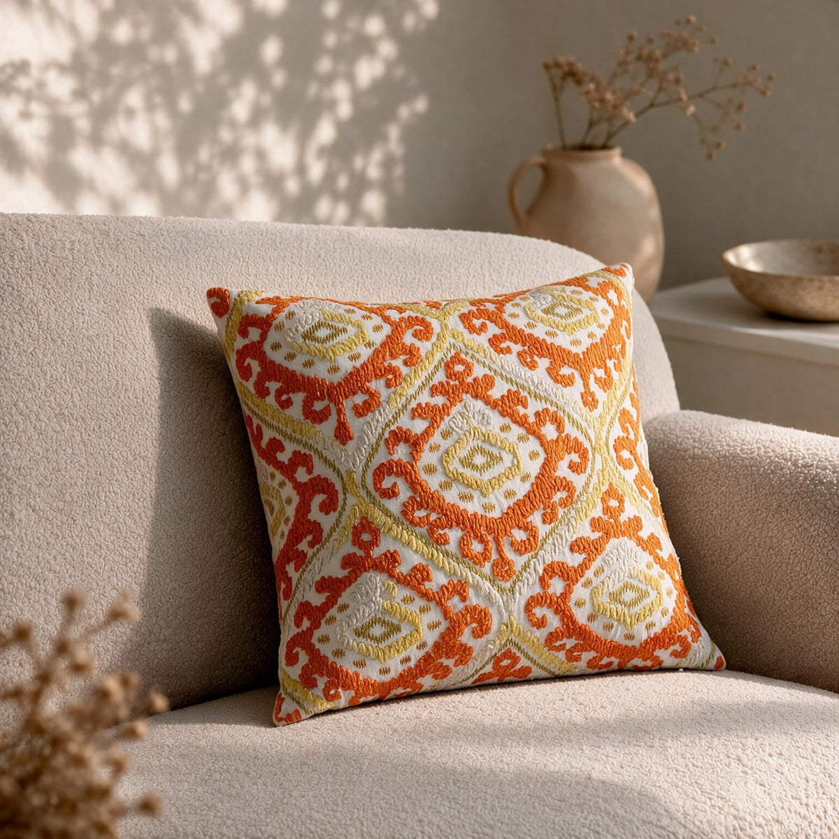 HOKIPO Printed Cushion Cover with Embroidery, Paisley Saffron Orange, 16 x 16 in - image 1