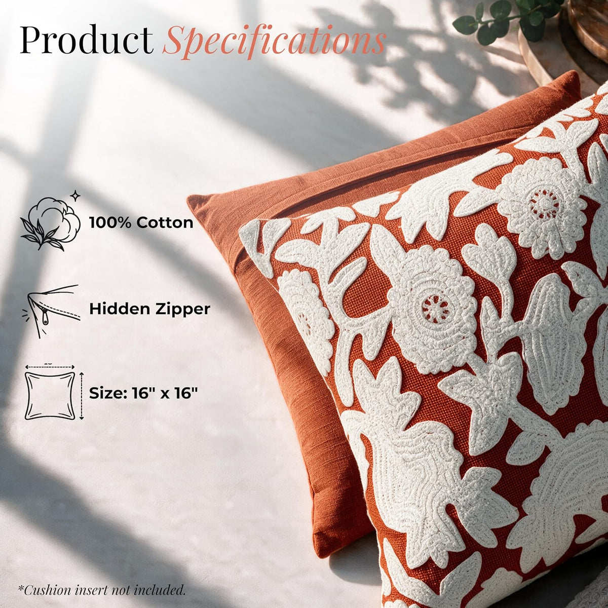 HOKIPO Plush Crewel Embroidery Cushion Cover, Floral Burnt Orange, 16 x 16 in - image 4