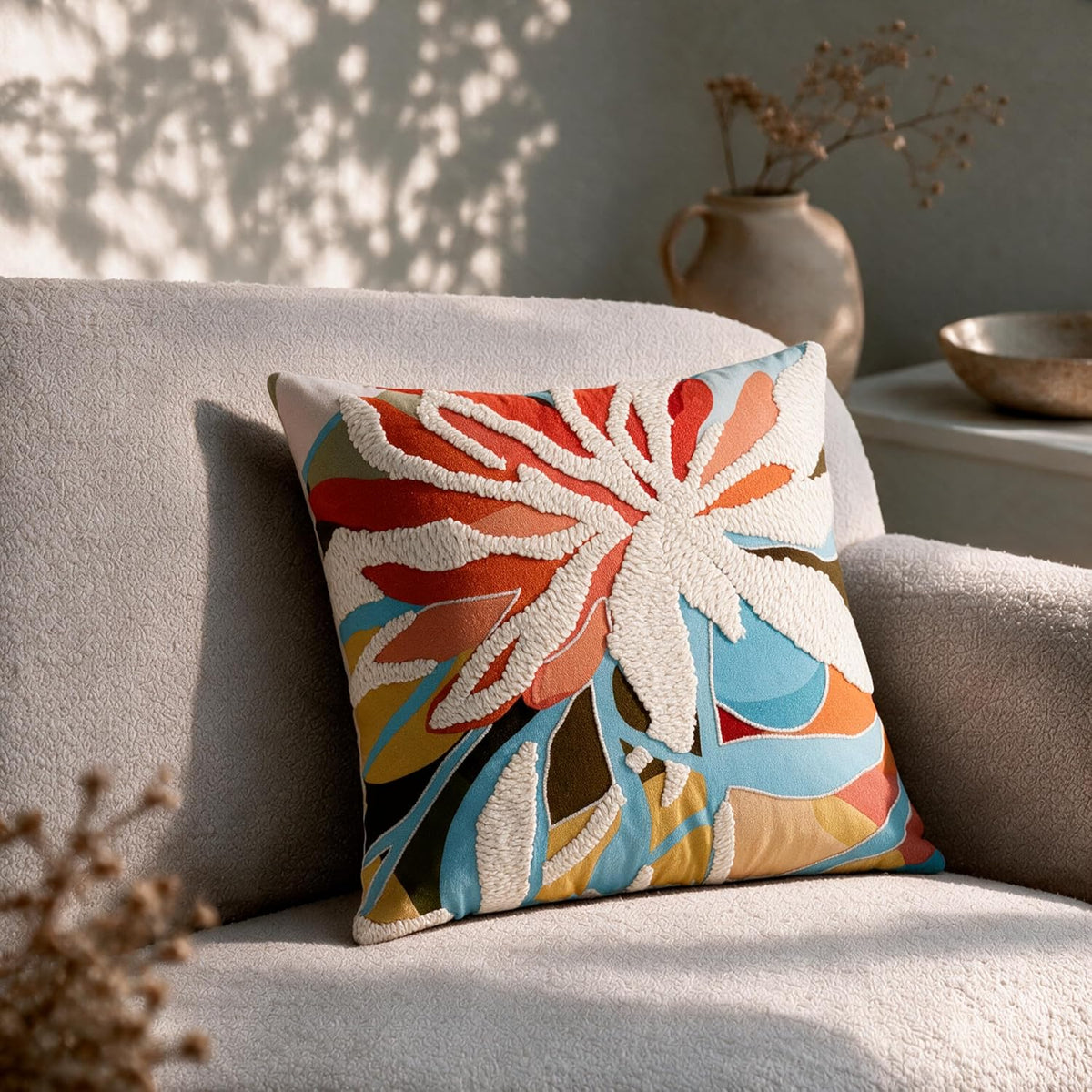 HOKIPO Printed Cushion Cover with Embroidery, Floral Strip Ivory, 16 x 16 in (Cord & Satin Embroidery) - image 1