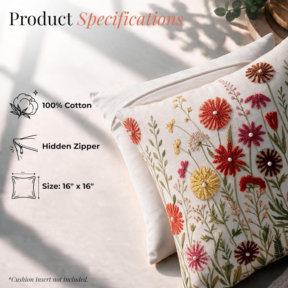 HOKIPO Bouclé Embroidered Cushion Cover, Meadow Multicolor, 16 x 16 in - image 4