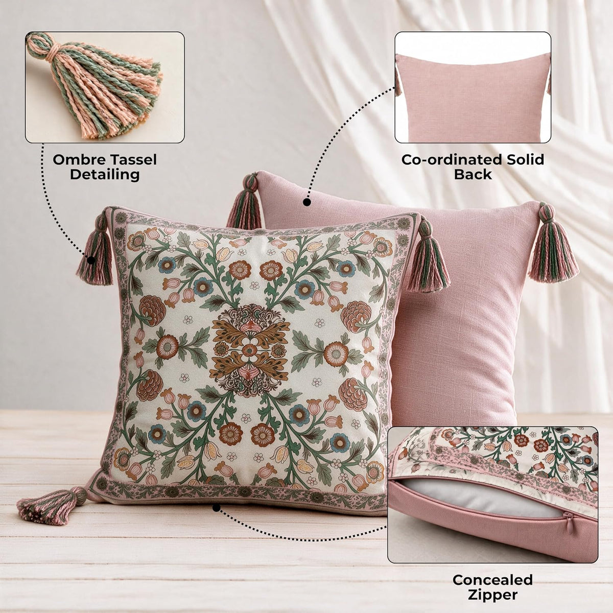 HOKIPO Floral Heritage Printed & Embroidered Cushion Cover, Saffron, Set of 2 - image 4
