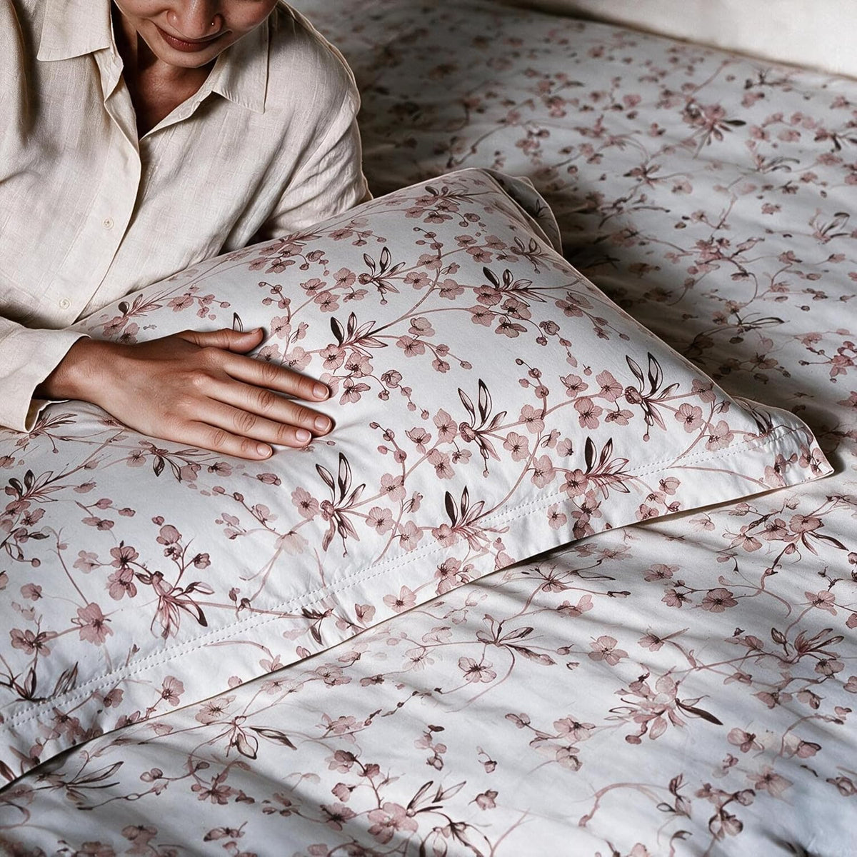 HOKIPO Cherry Blossom 300 TC Cotton Sateen Flat Bedsheet, King, Pink Cream - image 7