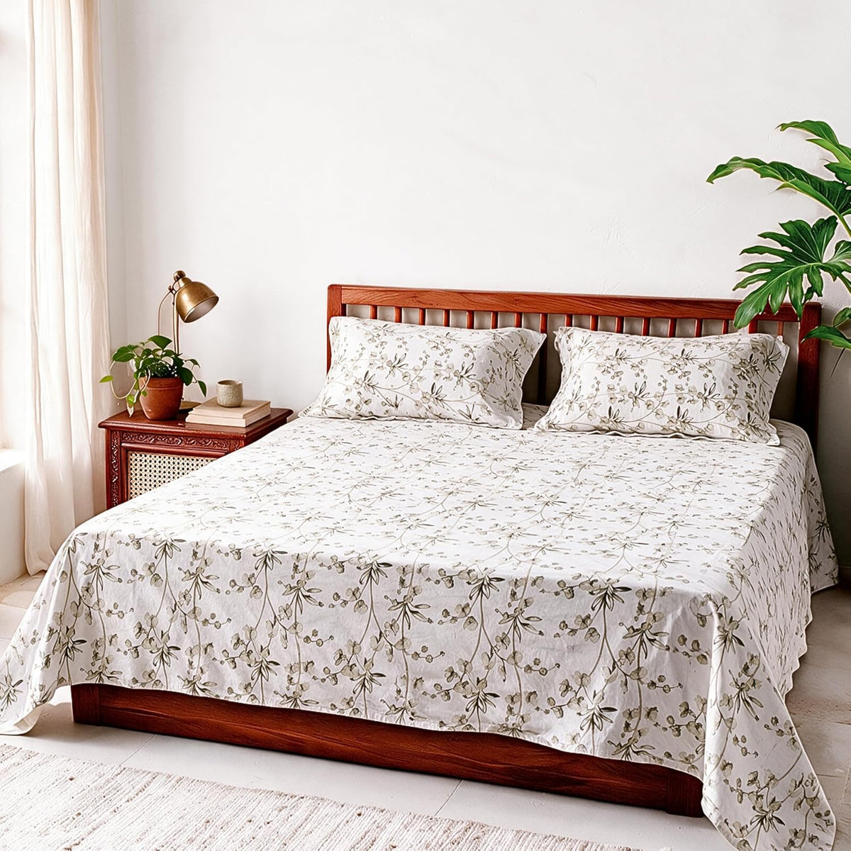 HOKIPO Floral 300TC Cotton Sateen Flat Bedsheet, King Size, Teal & Ochre - image 11