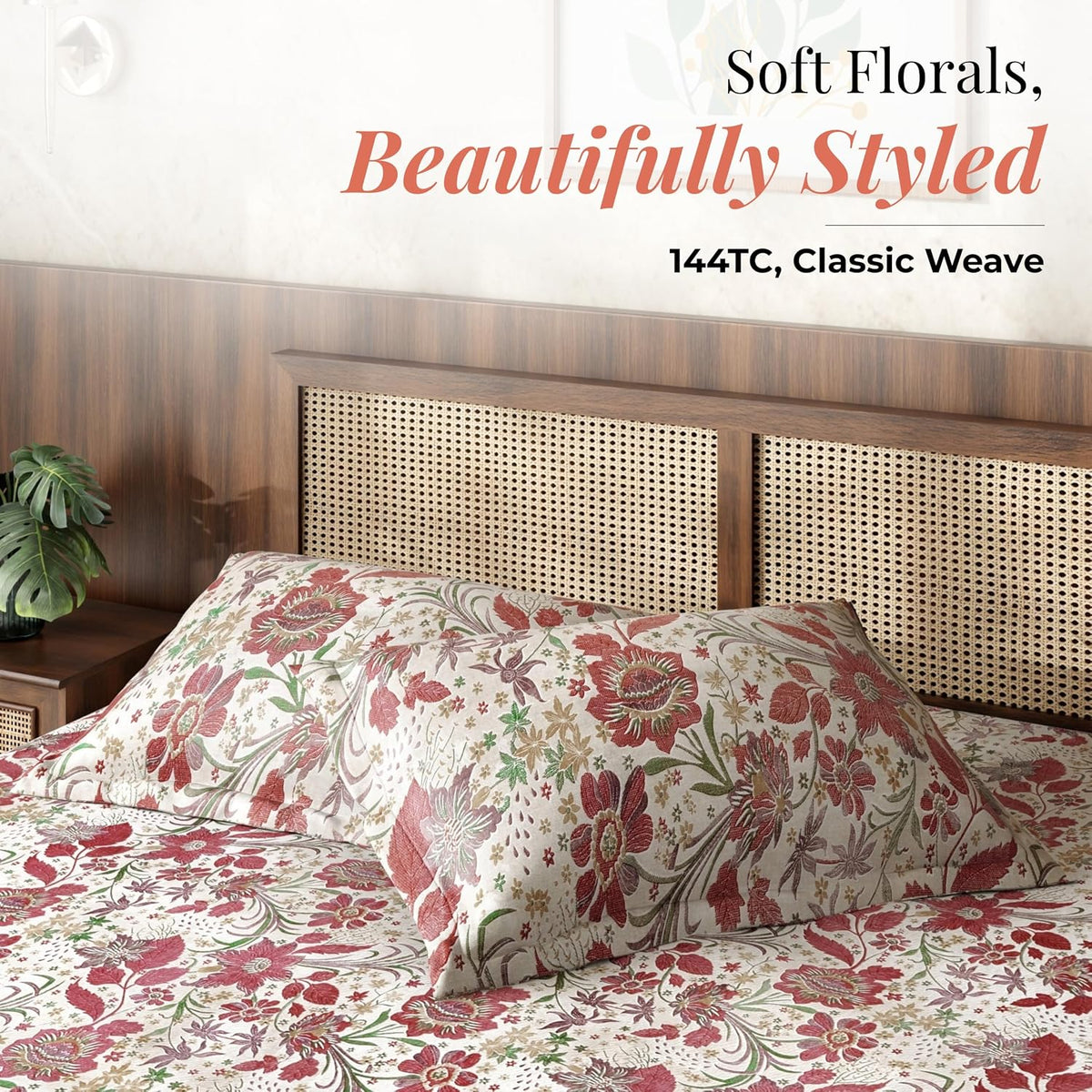 HOKIPO King Size Cotton Bedsheet, 2 Pillow Covers, Etched Floral, Raspberry - image 2