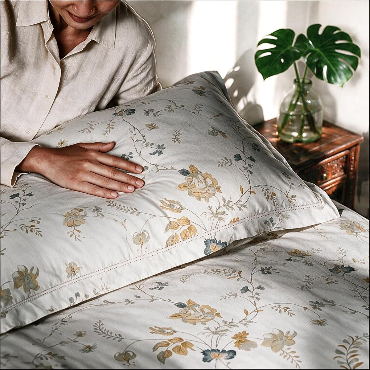 HOKIPO Floral 300TC Cotton Sateen Flat Bedsheet, King Size, Teal & Ochre - image 7