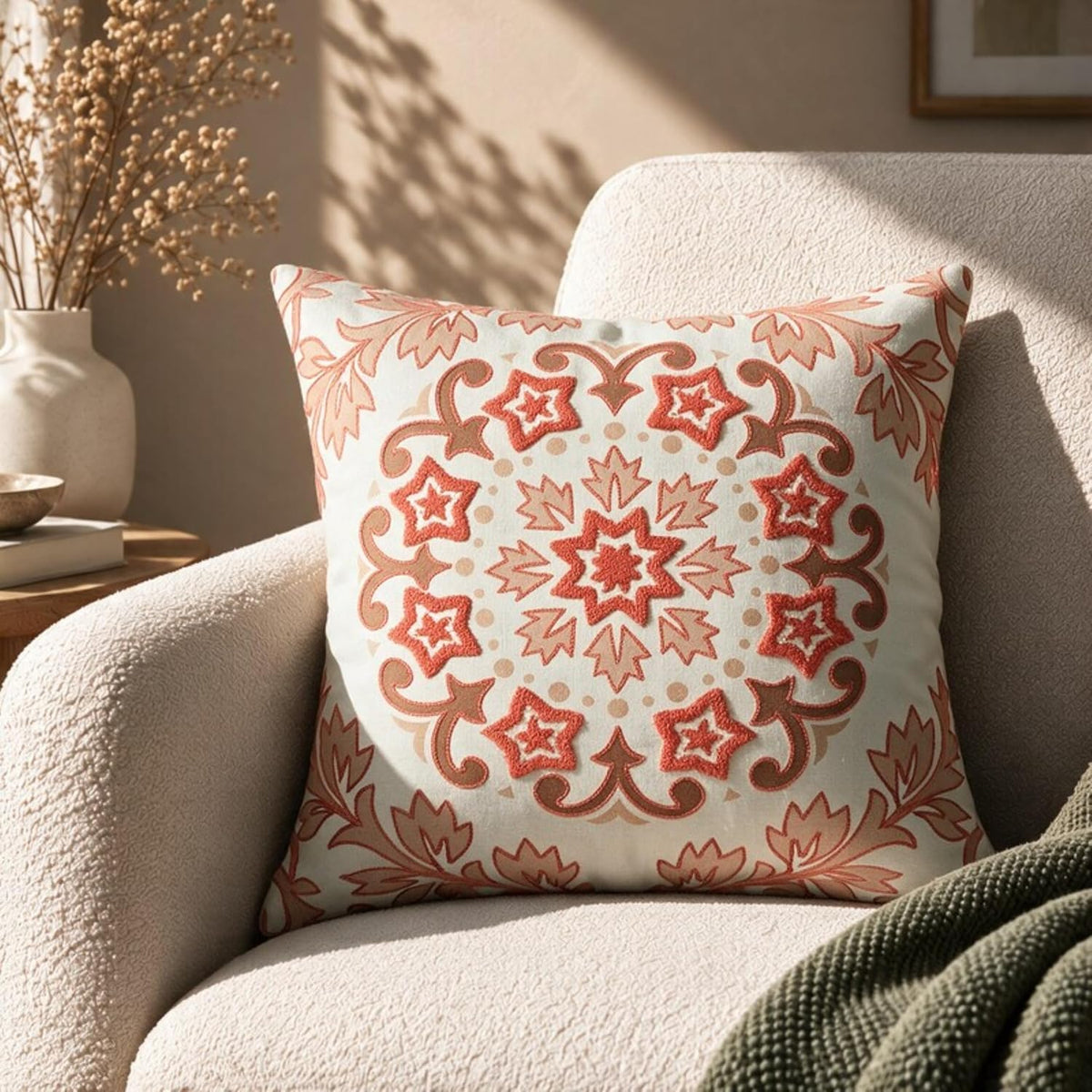 HOKIPO Bouclé Embroidery Cushion Cover , Coral Red, 16 x 16 in - image 1