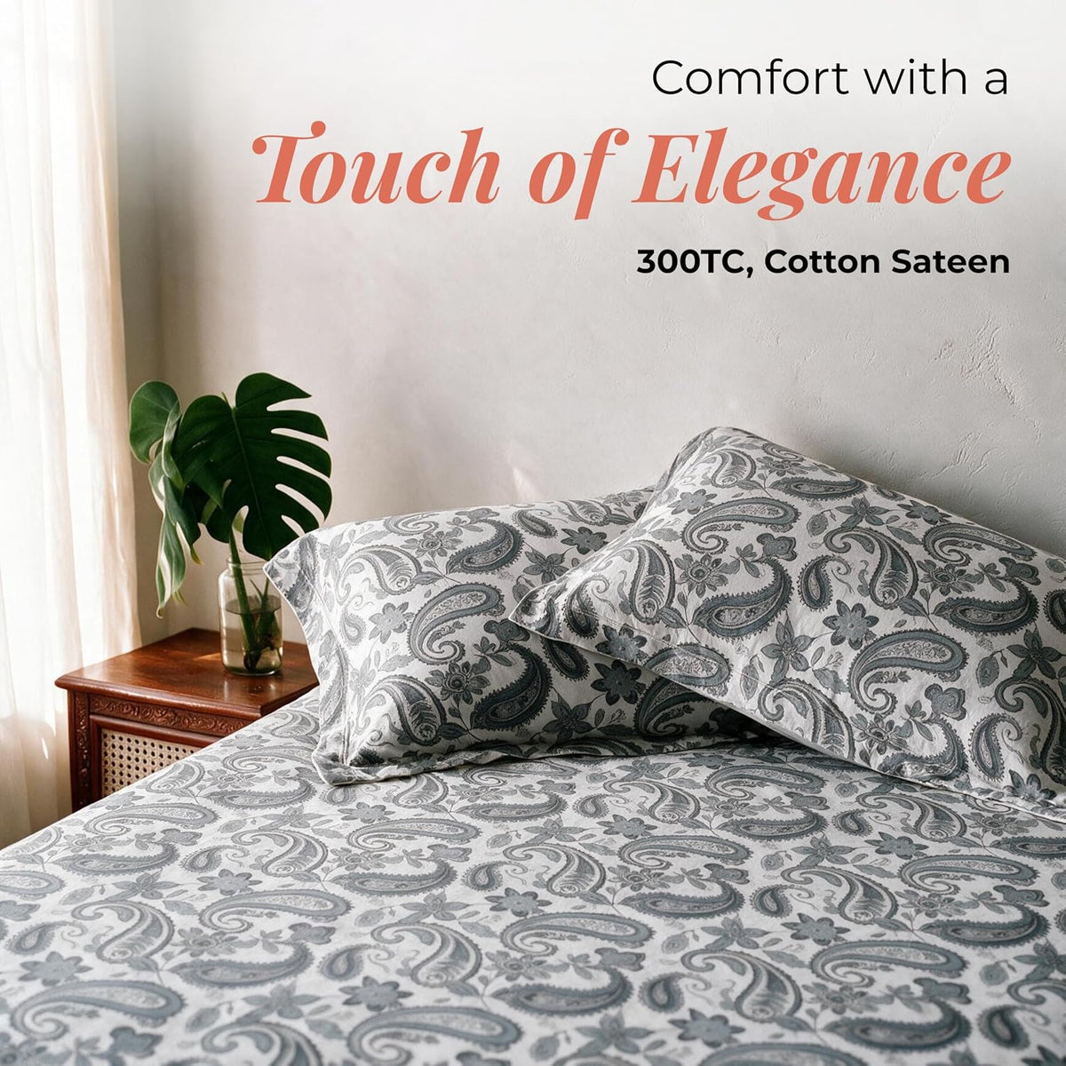 HOKIPO Timeless Paisley 300 TC Cotton Sateen Flat Bedsheet, King Size, Grey - image 2