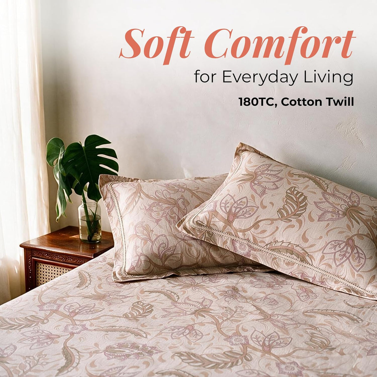 HOKIPO Floral 180 TC Cotton Twill Flat Bedsheet in King Size, Old Rose - image 2