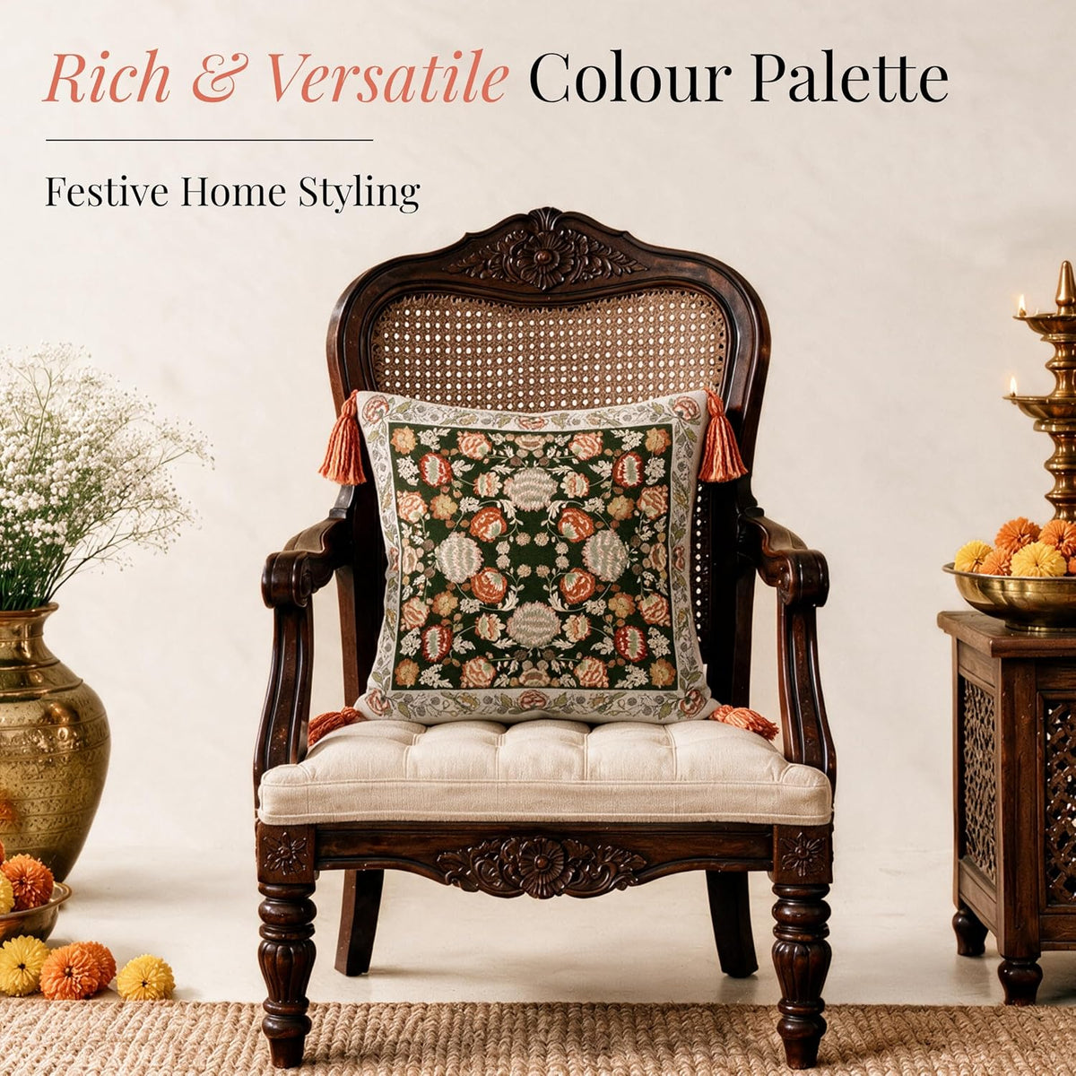 HOKIPO Garden Floral Printed & Embroidered Cushion Cover, Terracotta, Set of 2 - image 5