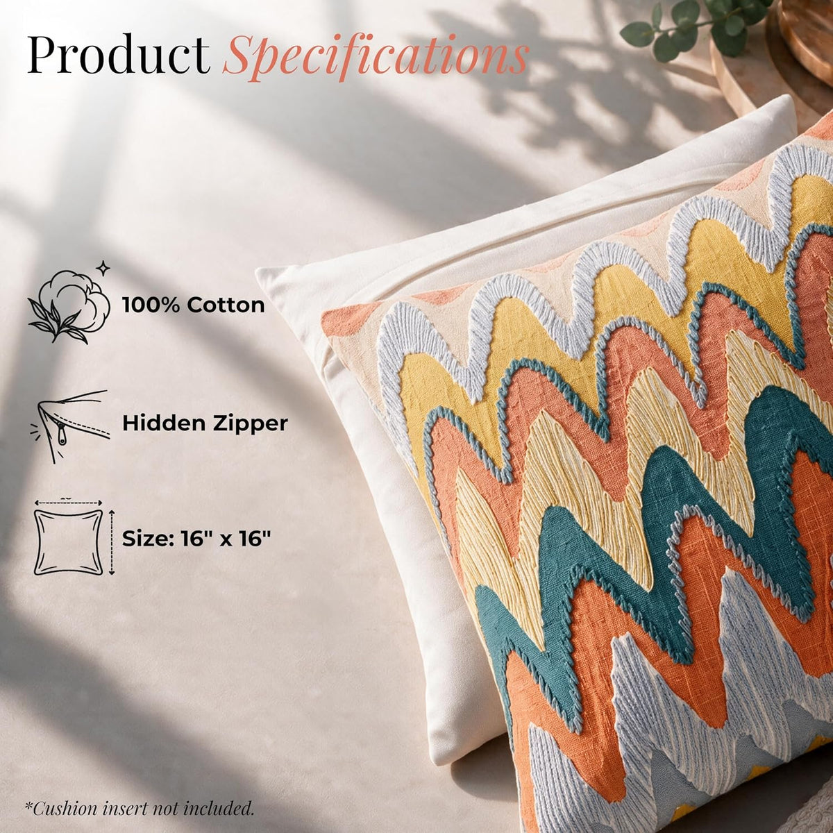 HOKIPO Printed Cushion Cover with Embroidery, Chevron Zigzag Multicolor, 16 x 16 in - image 4