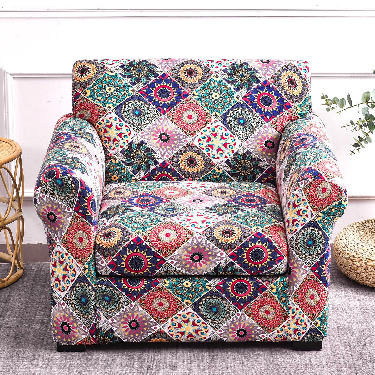Printed Stretchable Sofa Slipcover with 1/2/3 Pc Separate Seat Cushion Cover for each 1/2/3 Seater, Spectrum Mosaic Magic