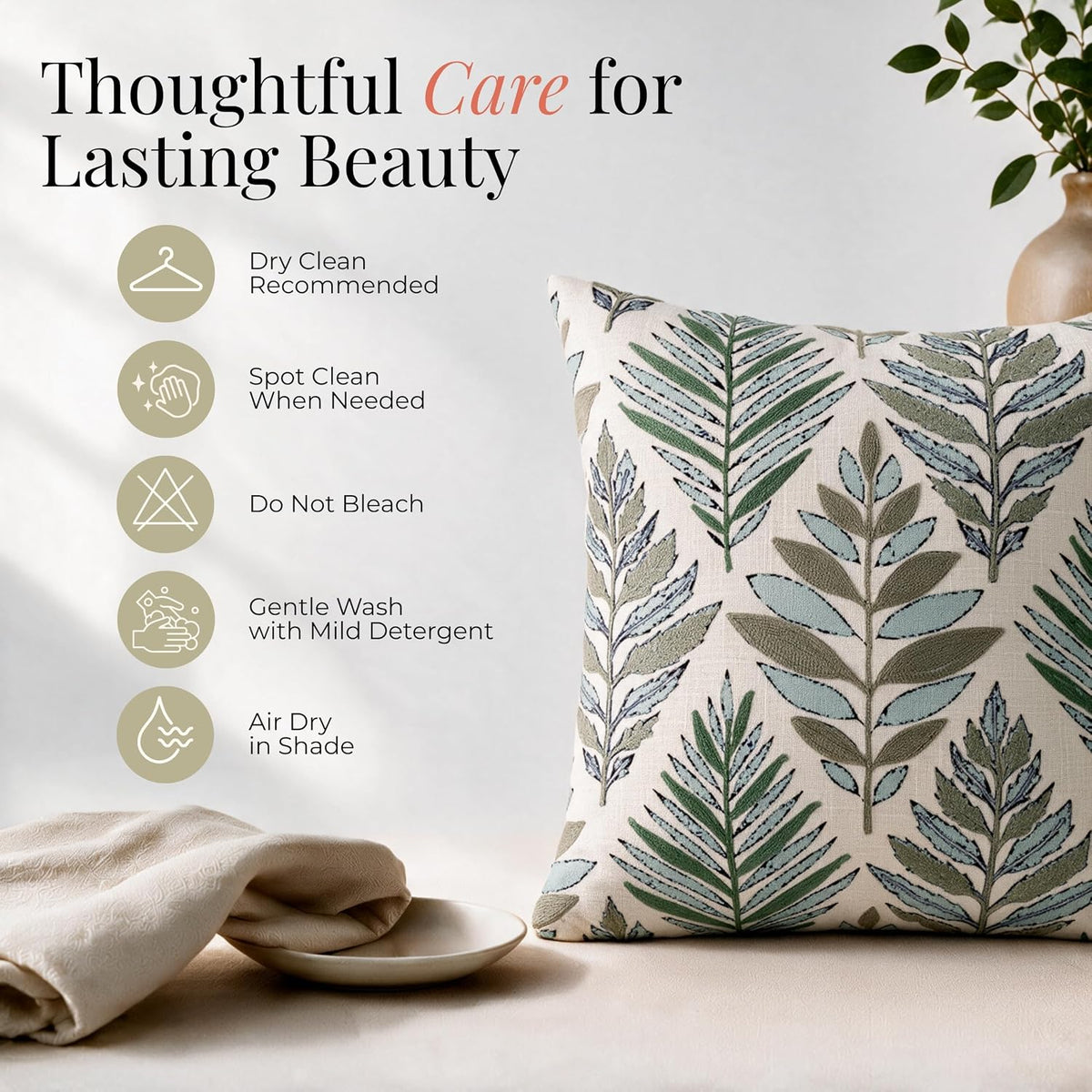 HOKIPO Printed Cushion Cover with Crewel Embroidery, Botanical Leaf Ivory, 16 x 16 in - image 6