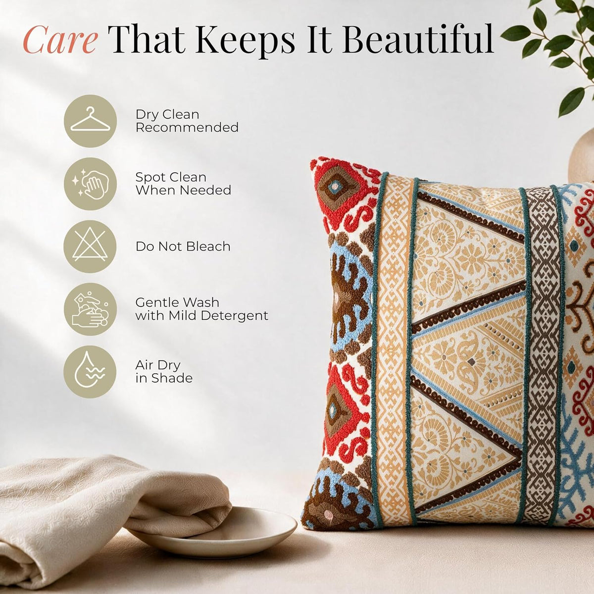HOKIPO Bouclé Embroidered Cushion Cover, Geometric Stripe Beige, 16 x 16 in - image 6