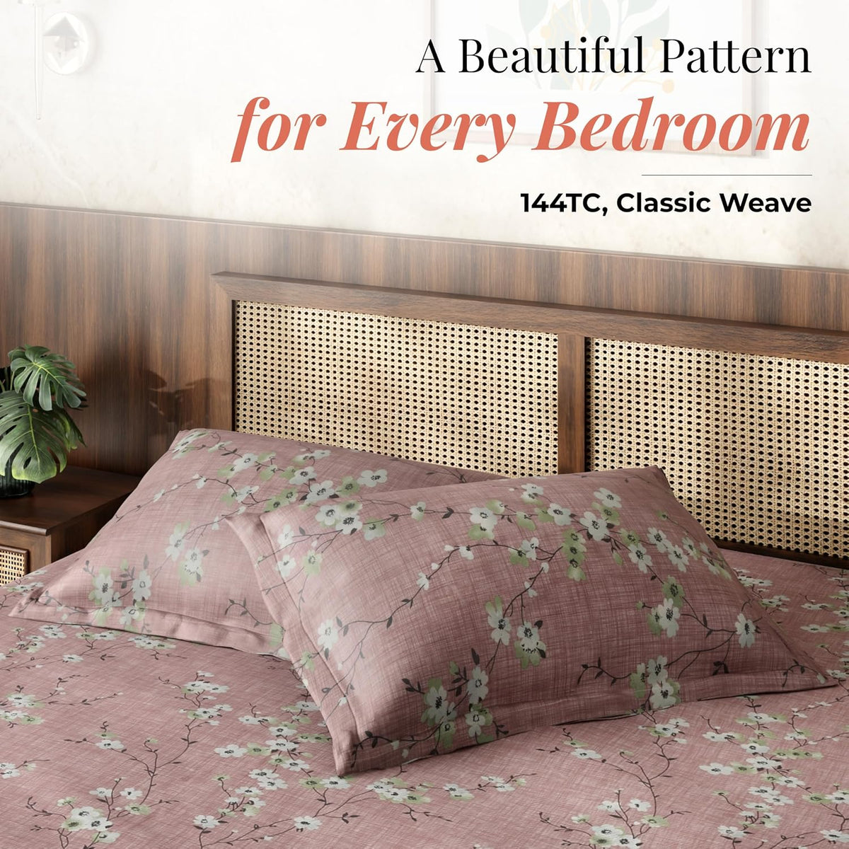 HOKIPO King Size Cotton Bedsheet, 2 Pillow Covers, Floral, Antique Rose - image 2