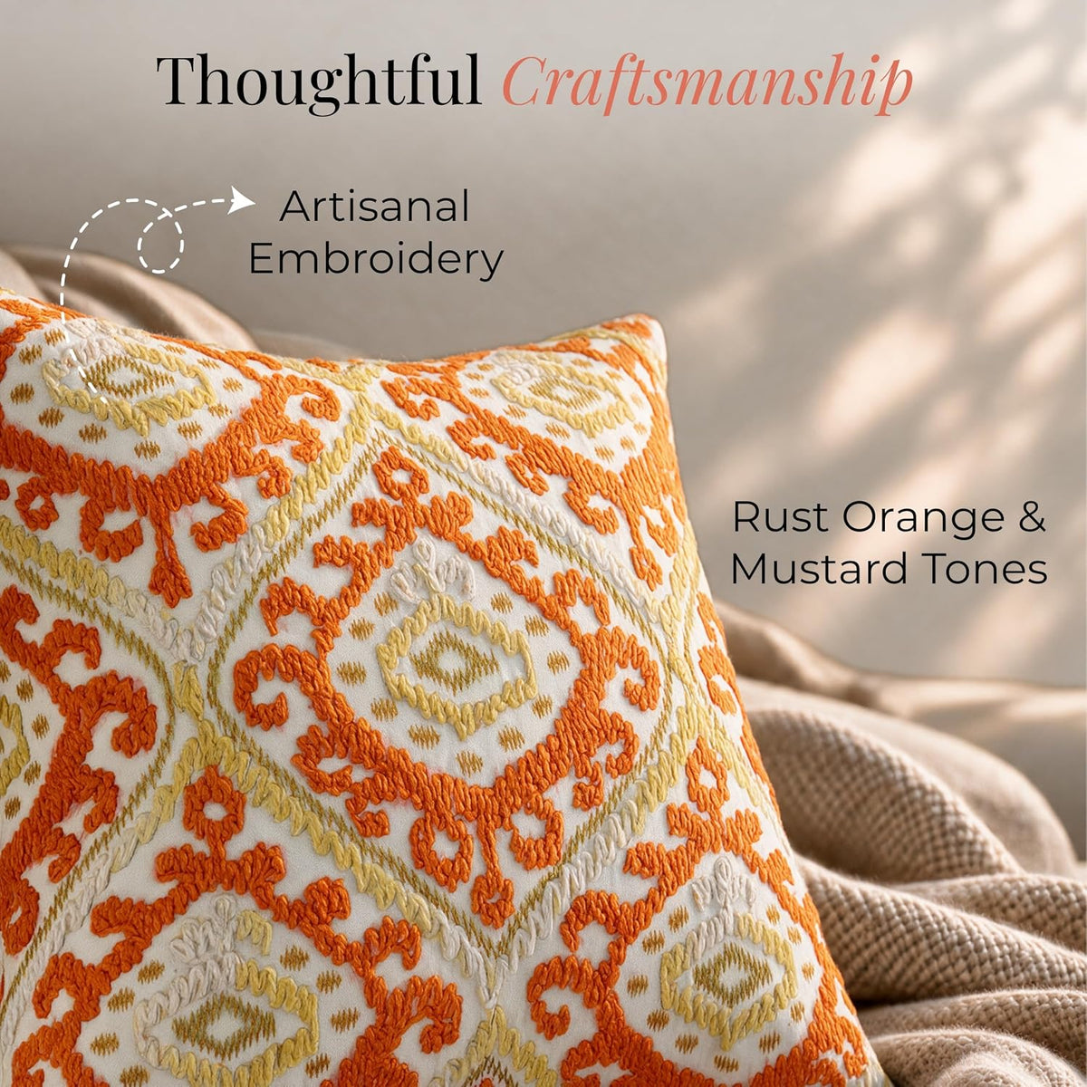 HOKIPO Printed Cushion Cover with Embroidery, Paisley Saffron Orange, 16 x 16 in - image 3