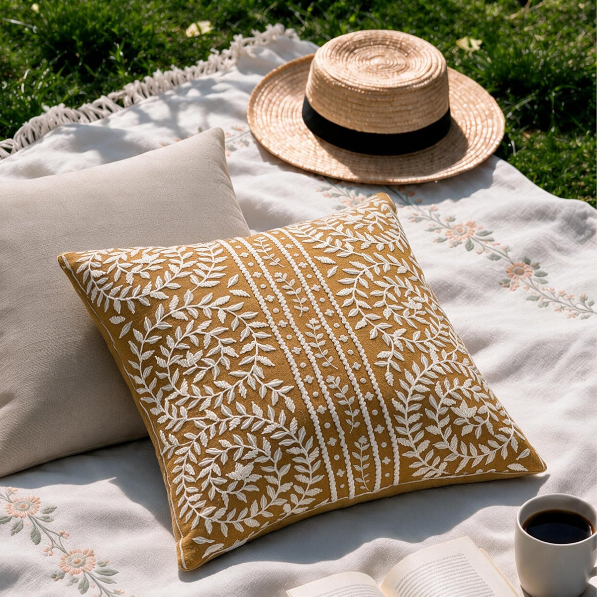 HOKIPO Printed Cushion Cover with Embroidery, Botanical Stripe Mustard, 16 x 16 in - image 7