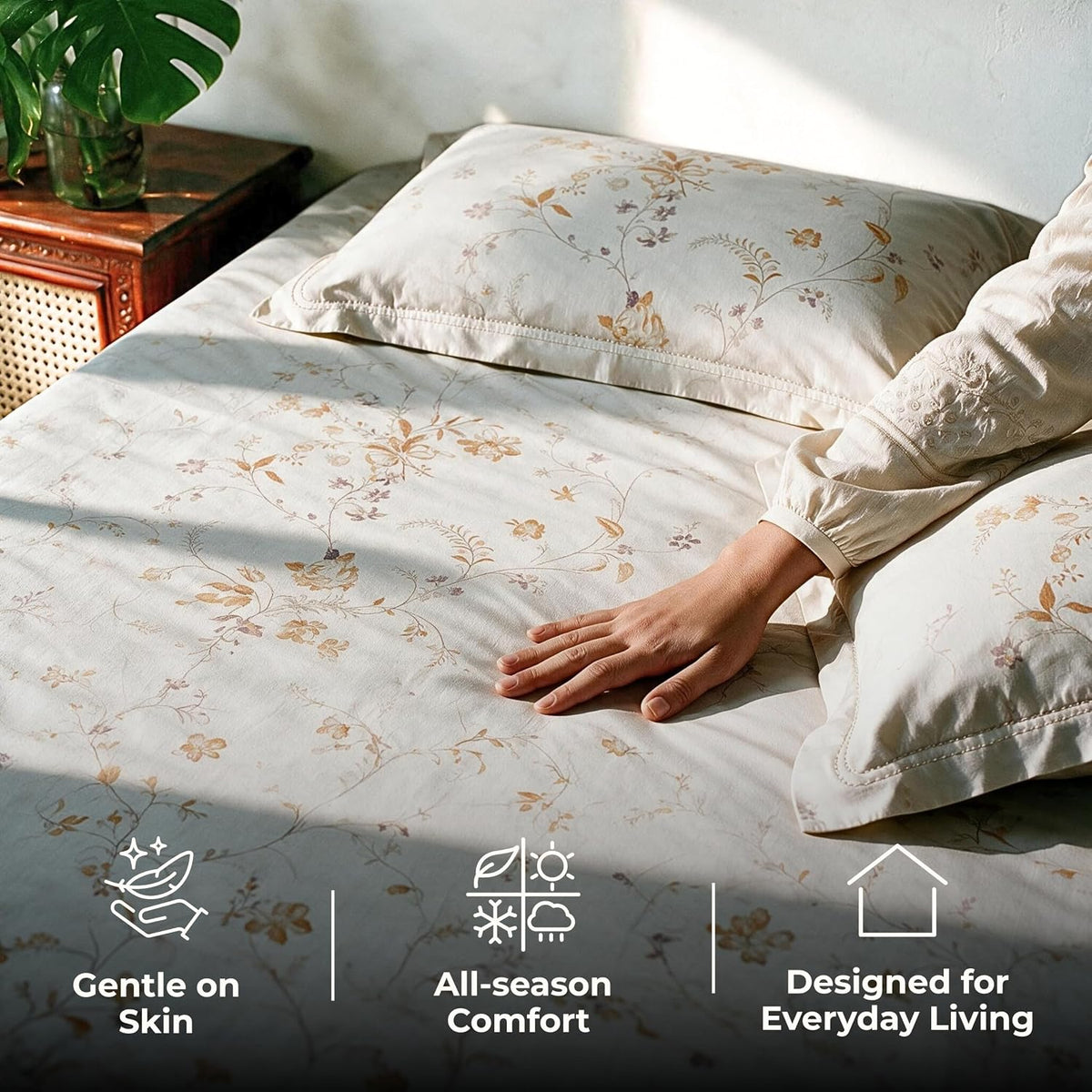 HOKIPO Floral 300TC Cotton Sateen Flat Bedsheet, King, Ochre & Lavender - image 4