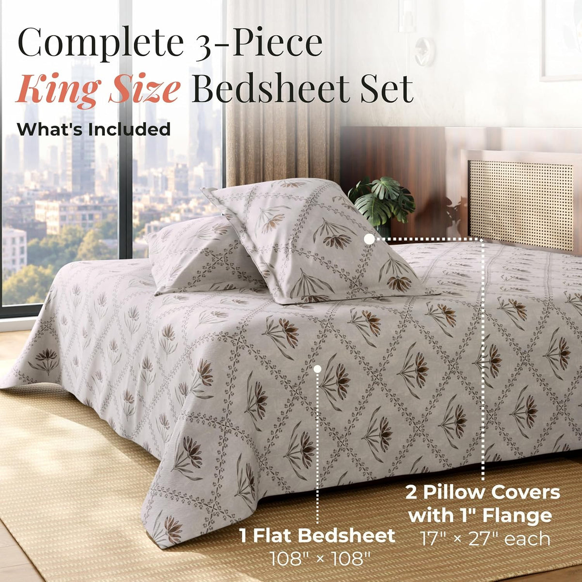 HOKIPO King Size Cotton Bedsheet, 2 Pillow Covers, Lotus, Terracotta - image 7