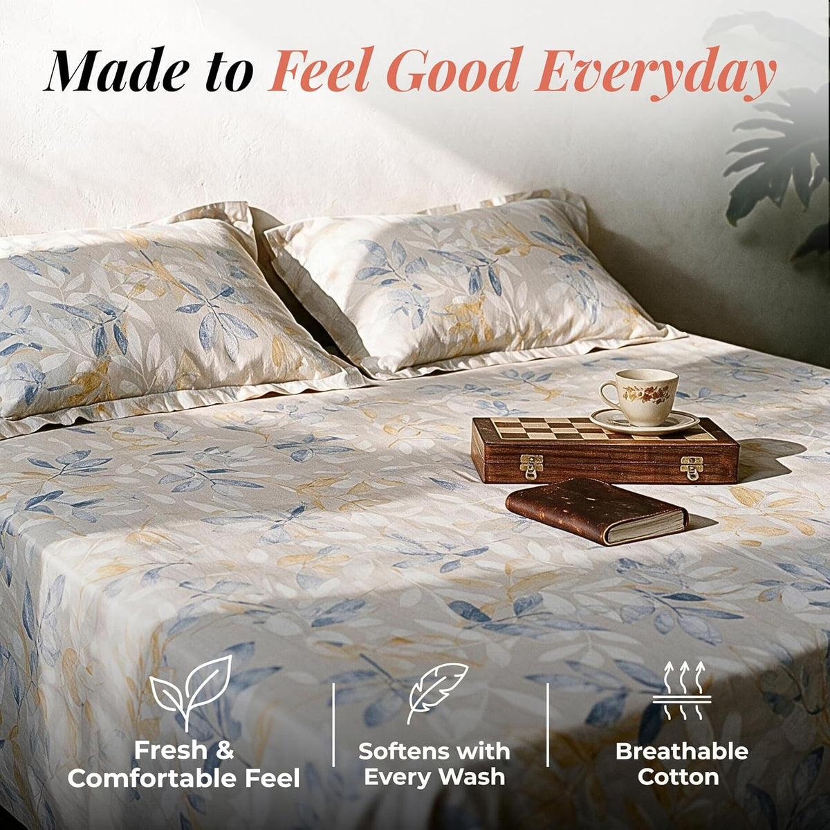 HOKIPO Botanical 210 TC Cotton Sateen Flat Bedsheet, King, Cream & Blue - image 3