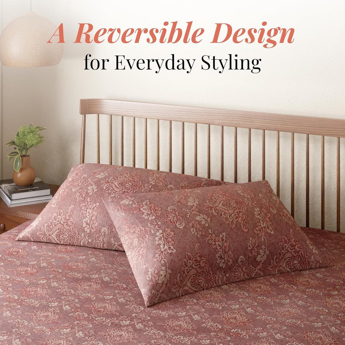 HOKIPO King Size Cotton Bedsheet, 2 Pillow Covers, Reversible, Rose - image 2