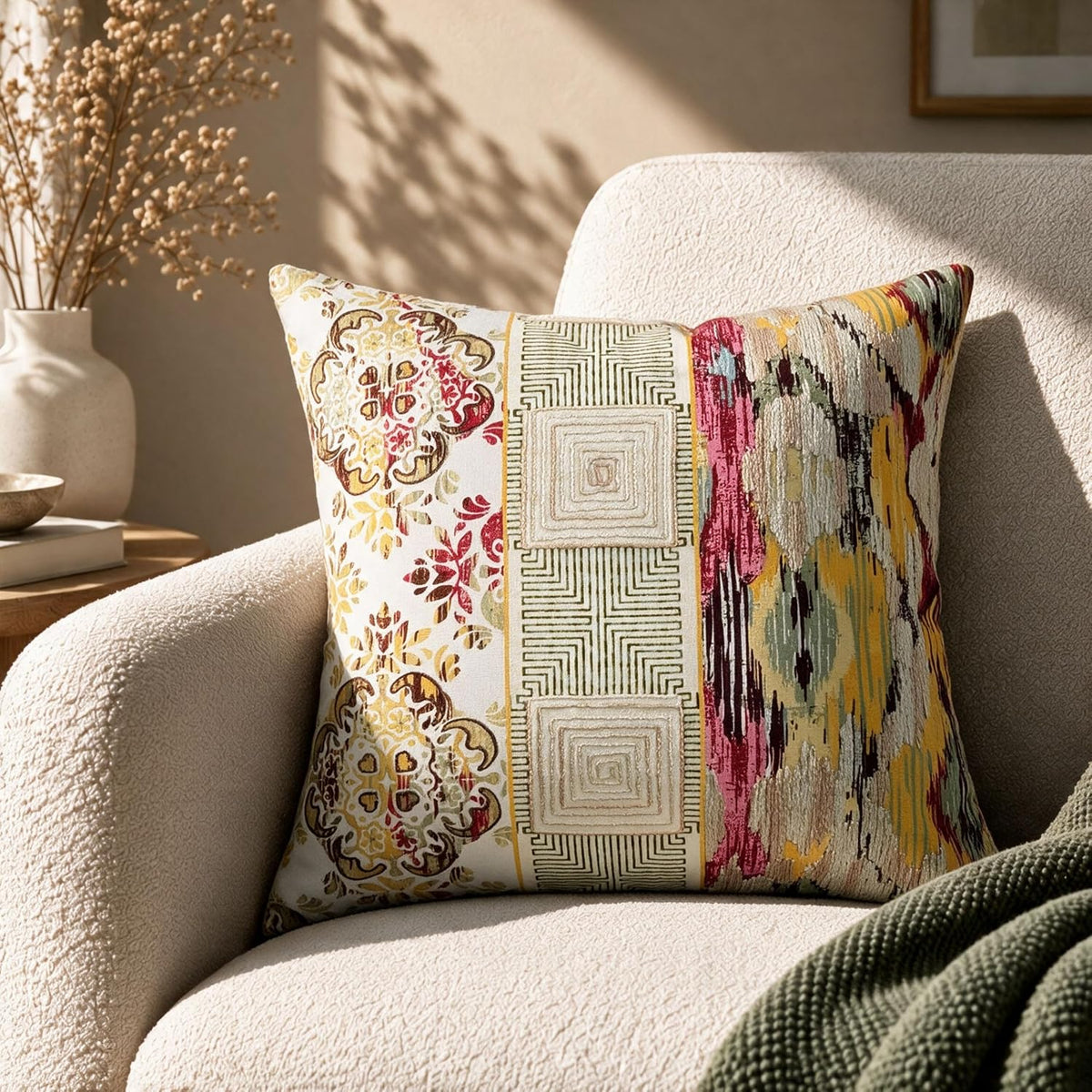 HOKIPO Satin Stitch Embroidery Cushion Cover, Multicolor Eclectic, 16 x 16 in - image 1