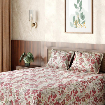 HOKIPO King Size Cotton Bedsheet, 2 Pillow Covers, Etched Floral, Raspberry - image 1