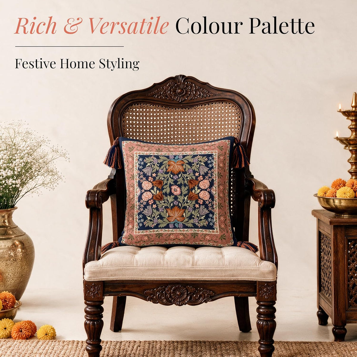 HOKIPO Decorative Floral Printed & Embroidered Cushion Cover, Midnight Navy, Set of 2 - image 5