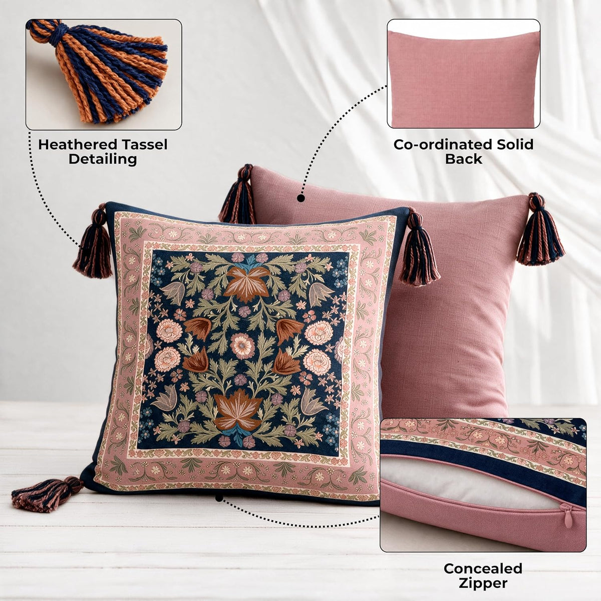 HOKIPO Decorative Floral Printed & Embroidered Cushion Cover, Midnight Navy, Set of 2 - image 4