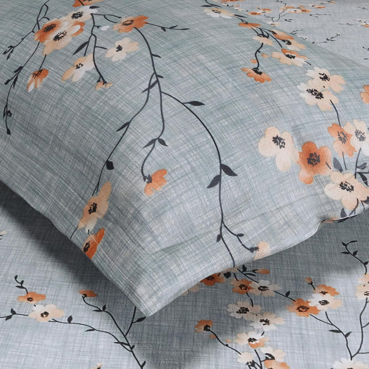 HOKIPO King Size Cotton Bedsheet, 2 Pillow Covers, Sage Sprigs, Sage Blue - image 3