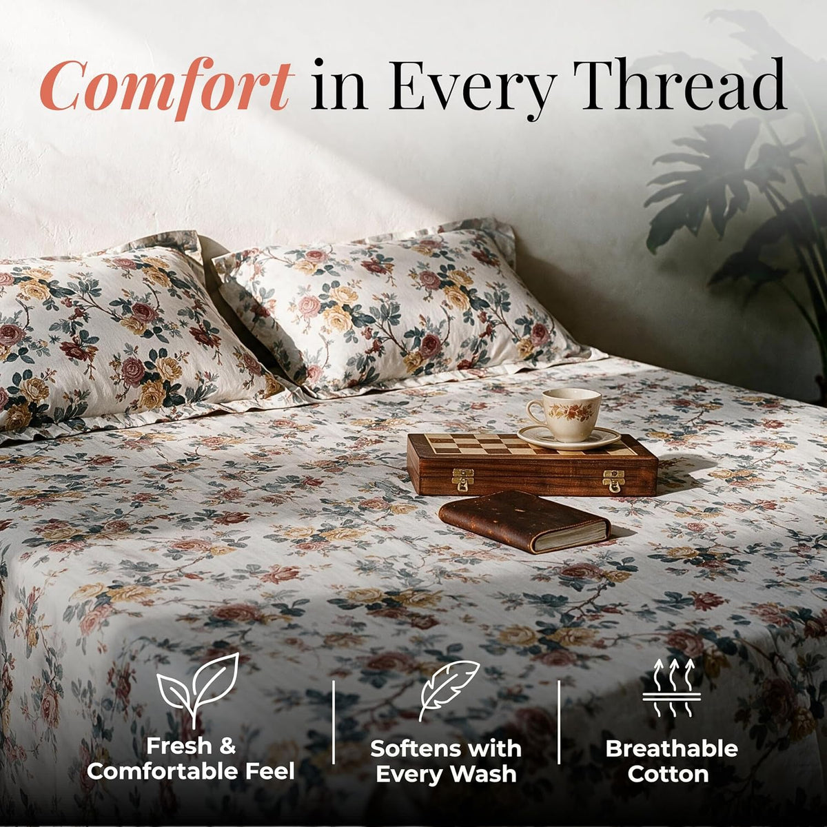 HOKIPO Floral 180 TC Cotton Twill Flat Bedsheet in King Size, Blue & Red - image 3