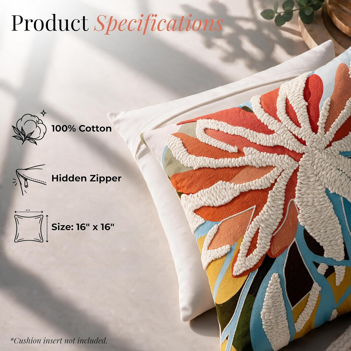 HOKIPO Printed Cushion Cover with Embroidery, Floral Strip Ivory, 16 x 16 in (Cord & Satin Embroidery) - image 4