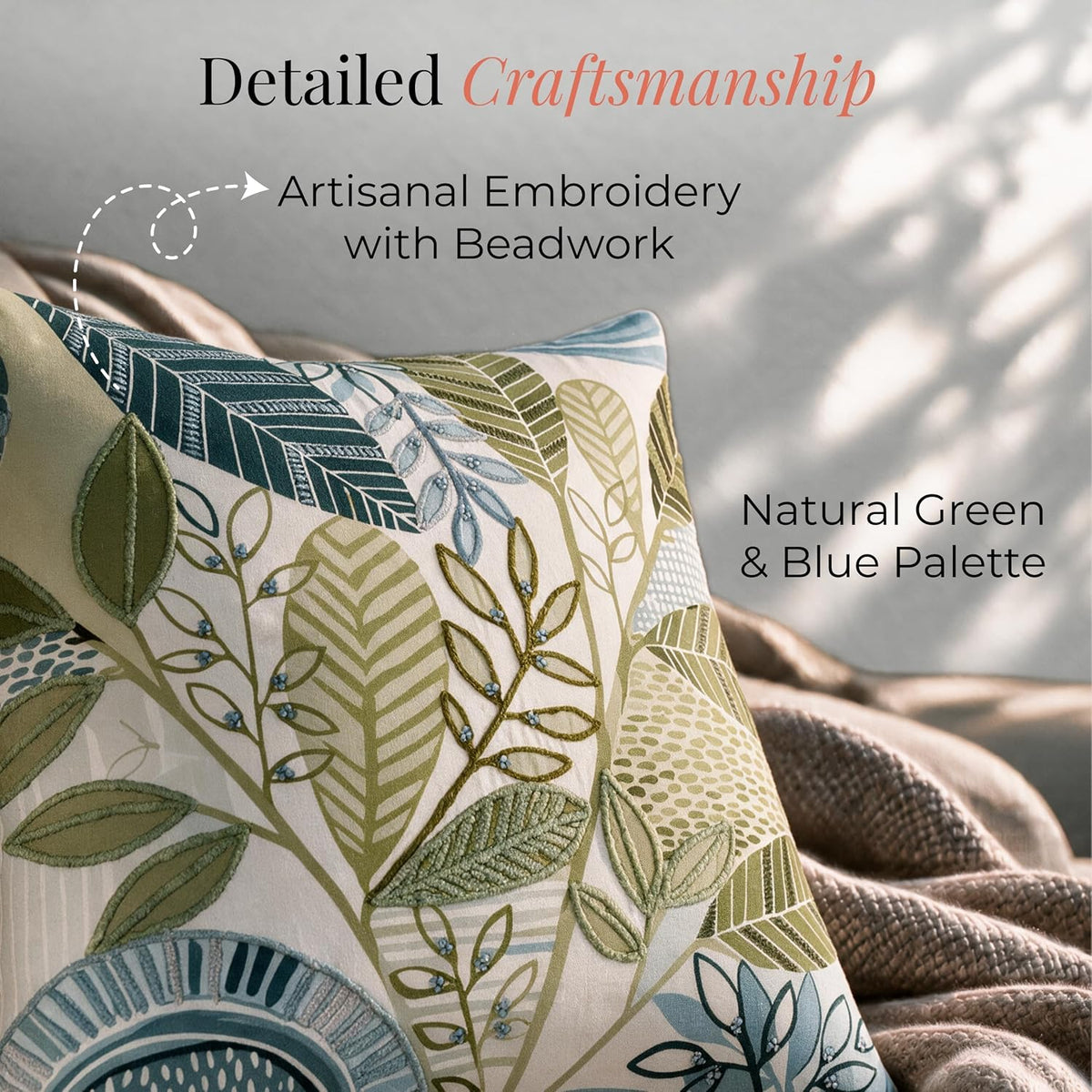 HOKIPO Chenille Embroidery Cushion Cover, Leafscape Green, 16 x 16 in - image 3