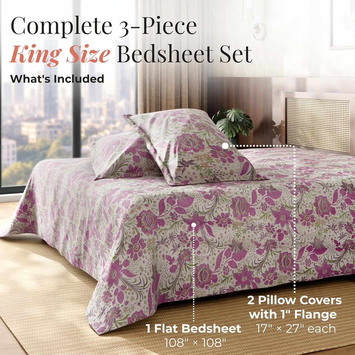 HOKIPO King Size Cotton Bedsheet, 2 Pillow Covers, Etched Botanicals, Plum - image 7