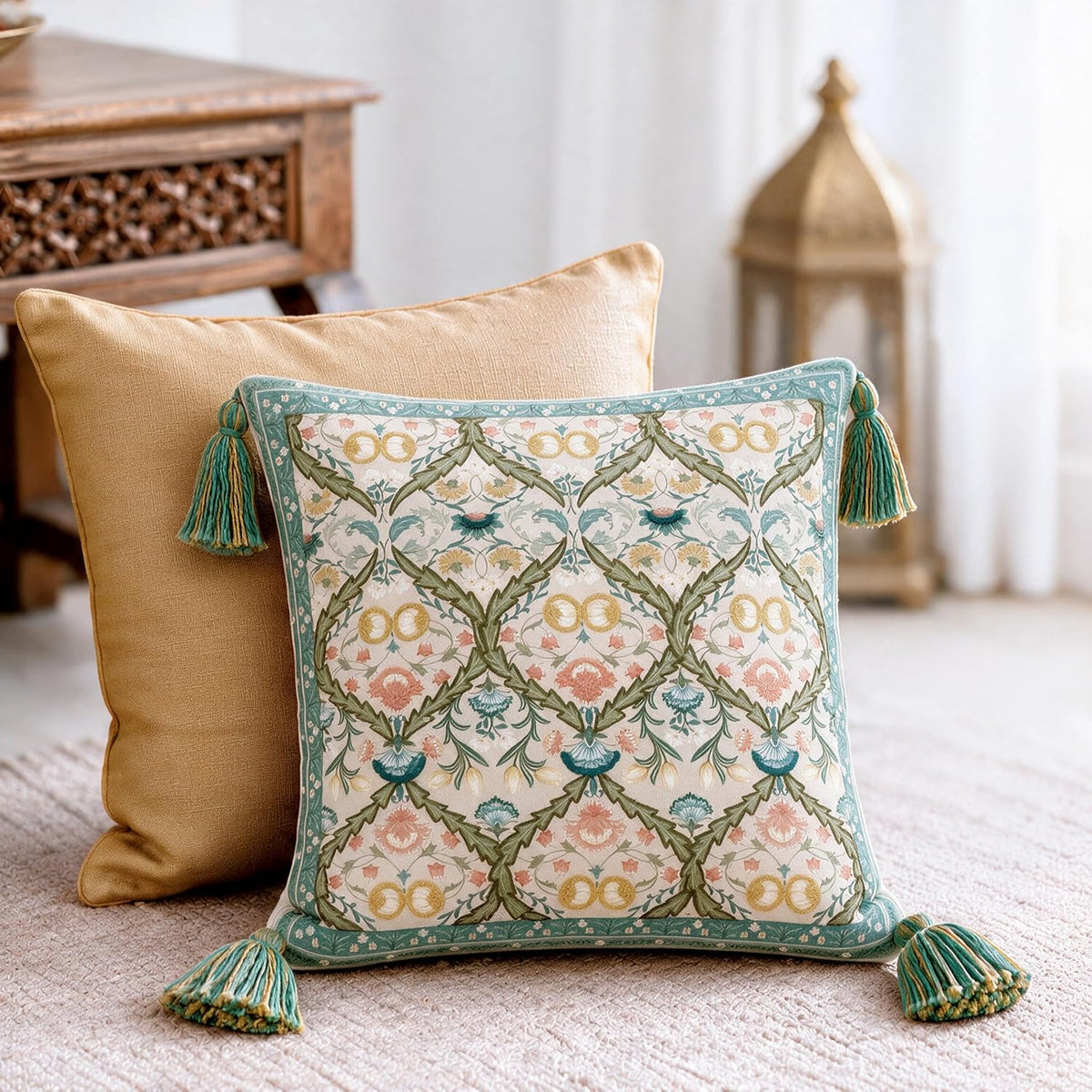 HOKIPO Floral Motif Printed & Embroidered Cushion Cover, Teal, Set of 2 - image 8