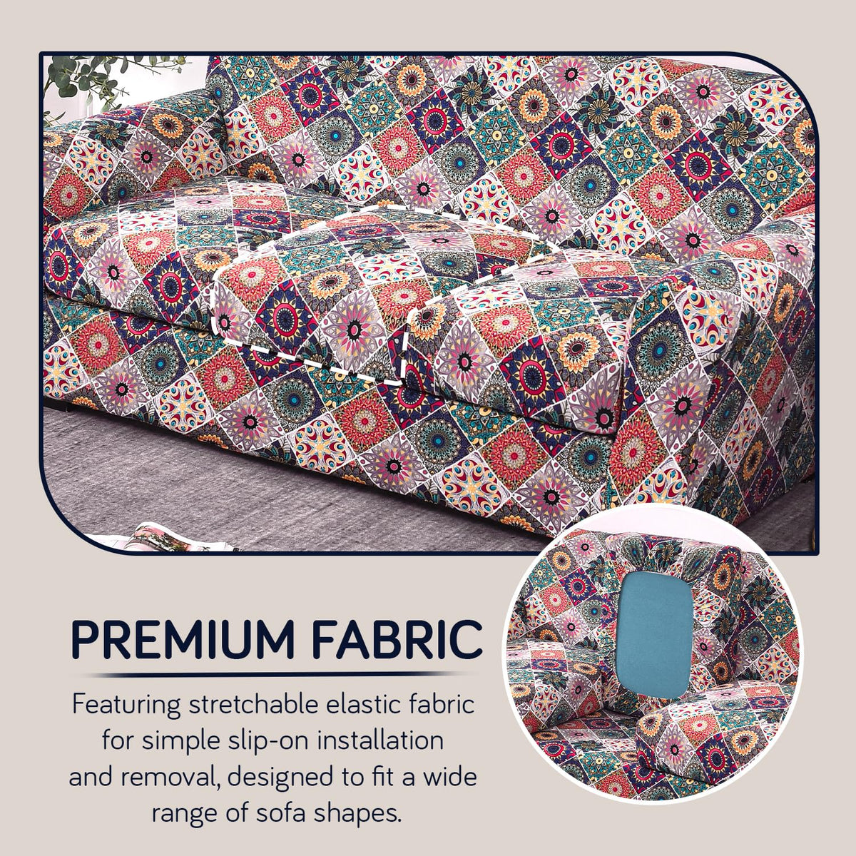 Printed Stretchable Sofa Slipcover with 1/2/3 Pc Separate Seat Cushion Cover for each 1/2/3 Seater, Spectrum Mosaic Magic