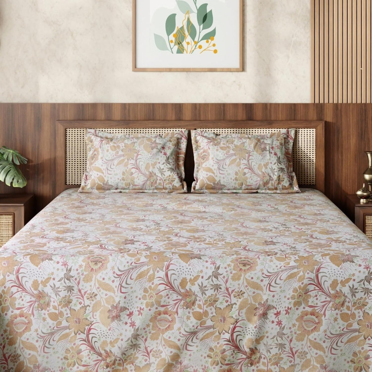 HOKIPO King Size Cotton Bedsheet, 2 Pillow Covers, Etched Floral, Rose Sand - image 9