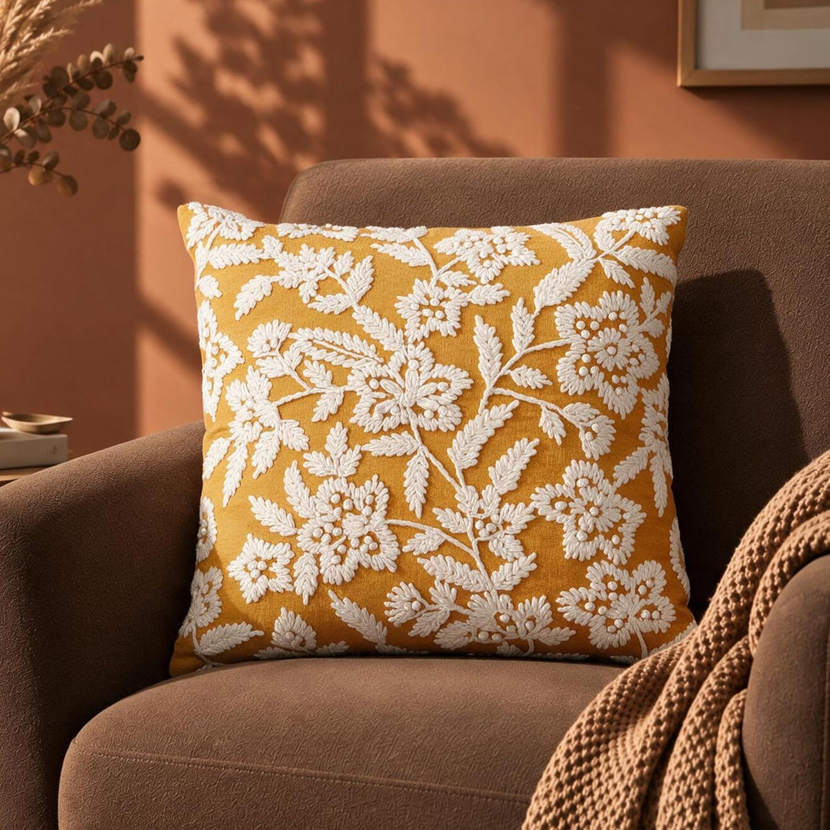 HOKIPO Cord Embroidered Cushion Cover, Floral Mustard Yellow, 16 x 16 in - image 1