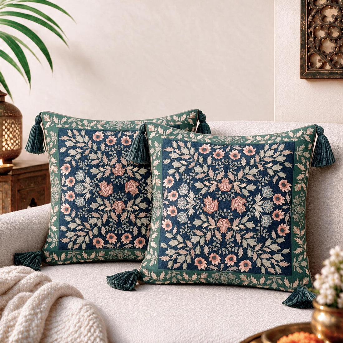 HOKIPO Floral Printed & Embroidered Cushion Cover, Midnight Blue, Set of 2 - image 1