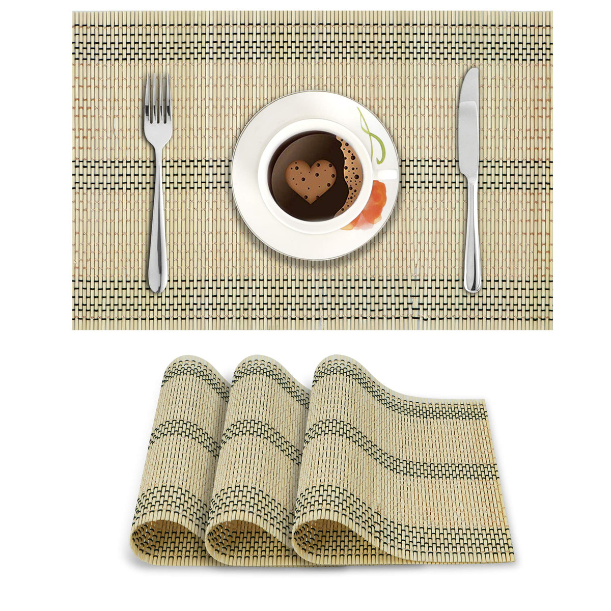 Reversible Bamboo Placemats Set Of 4 Table Mats, 45X30 Cm, Beige