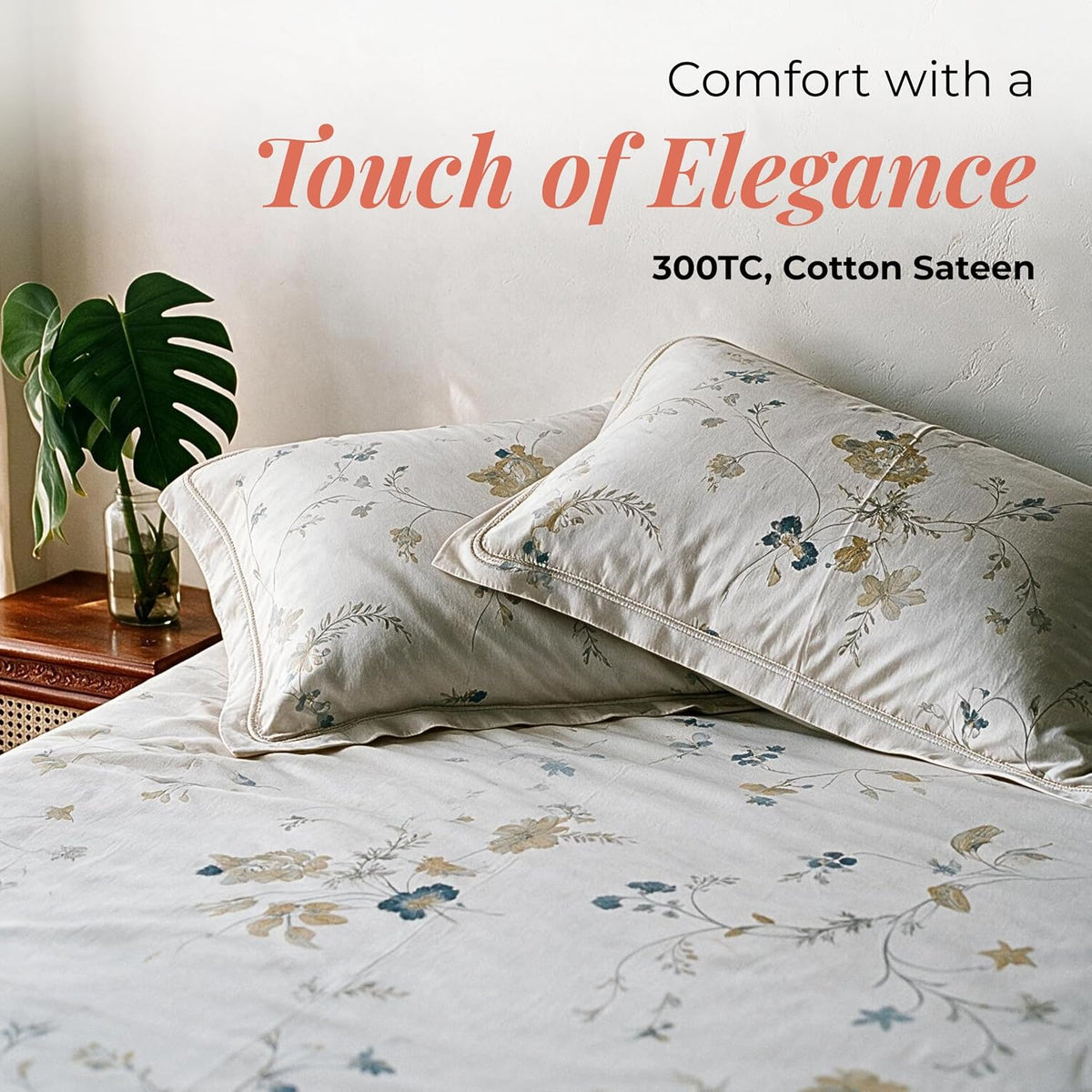 HOKIPO Floral 300TC Cotton Sateen Flat Bedsheet, King Size, Teal & Ochre - image 2