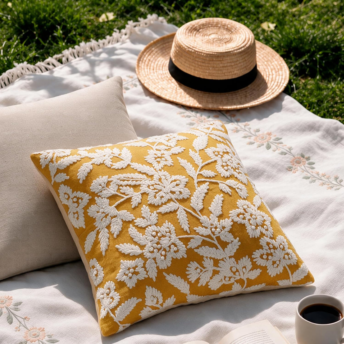 HOKIPO Cord Embroidered Cushion Cover, Floral Mustard Yellow, 16 x 16 in - image 7