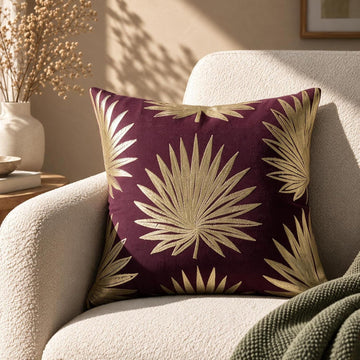 HOKIPO Embroidered Cushion Cover with Foil Print, Palm Leaf Burgundy, 16 x 16 in - image 1