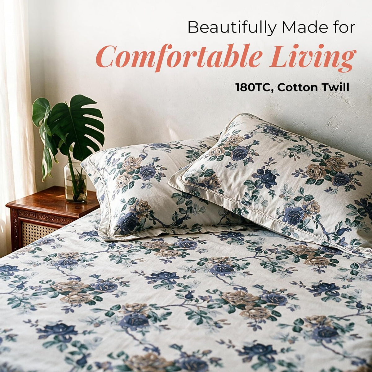 HOKIPO Floral 180 TC Cotton Twill Flat Bedsheet in King Size, Blue & White - image 2
