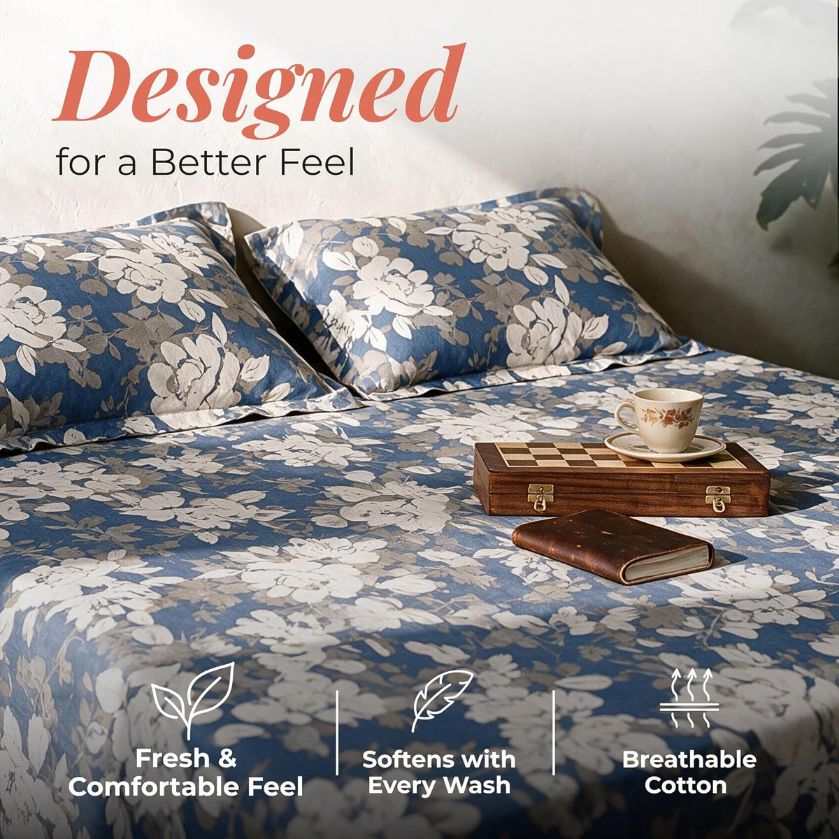 HOKIPO Floral 210 TC Cotton Sateen Flat Bedsheet, King, Beige & Ivory - image 3