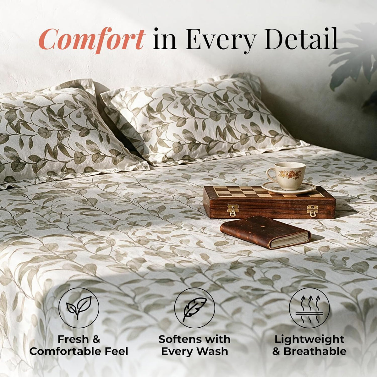 HOKIPO Botanical 180 TC Cotton Percale Flat Bedsheet, King Size, Seaweed - image 3