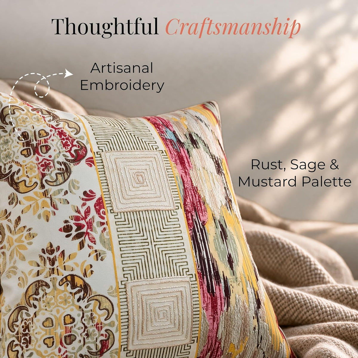 HOKIPO Satin Stitch Embroidery Cushion Cover, Multicolor Eclectic, 16 x 16 in - image 3