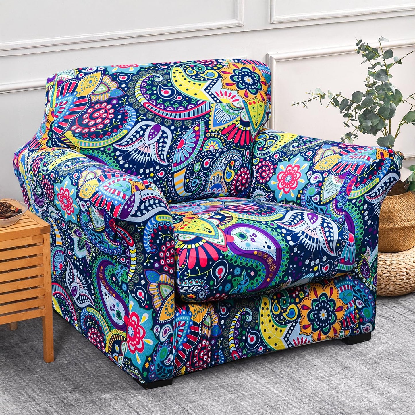 Printed Stretchable Sofa Slipcover with 1/2/3 Pc Separate Seat Cushion Cover for each 1/2/3 Seater, Saphire Boho Carnival
