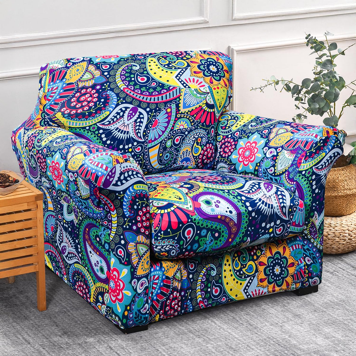 Printed Stretchable Sofa Slipcover with 1/2/3 Pc Separate Seat Cushion Cover for each 1/2/3 Seater, Saphire Boho Carnival