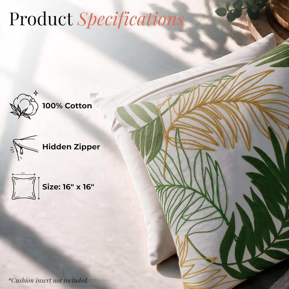 HOKIPO Crewel Embroidered Cushion Cover, Green & Mustard, 16 x 16 in - image 4
