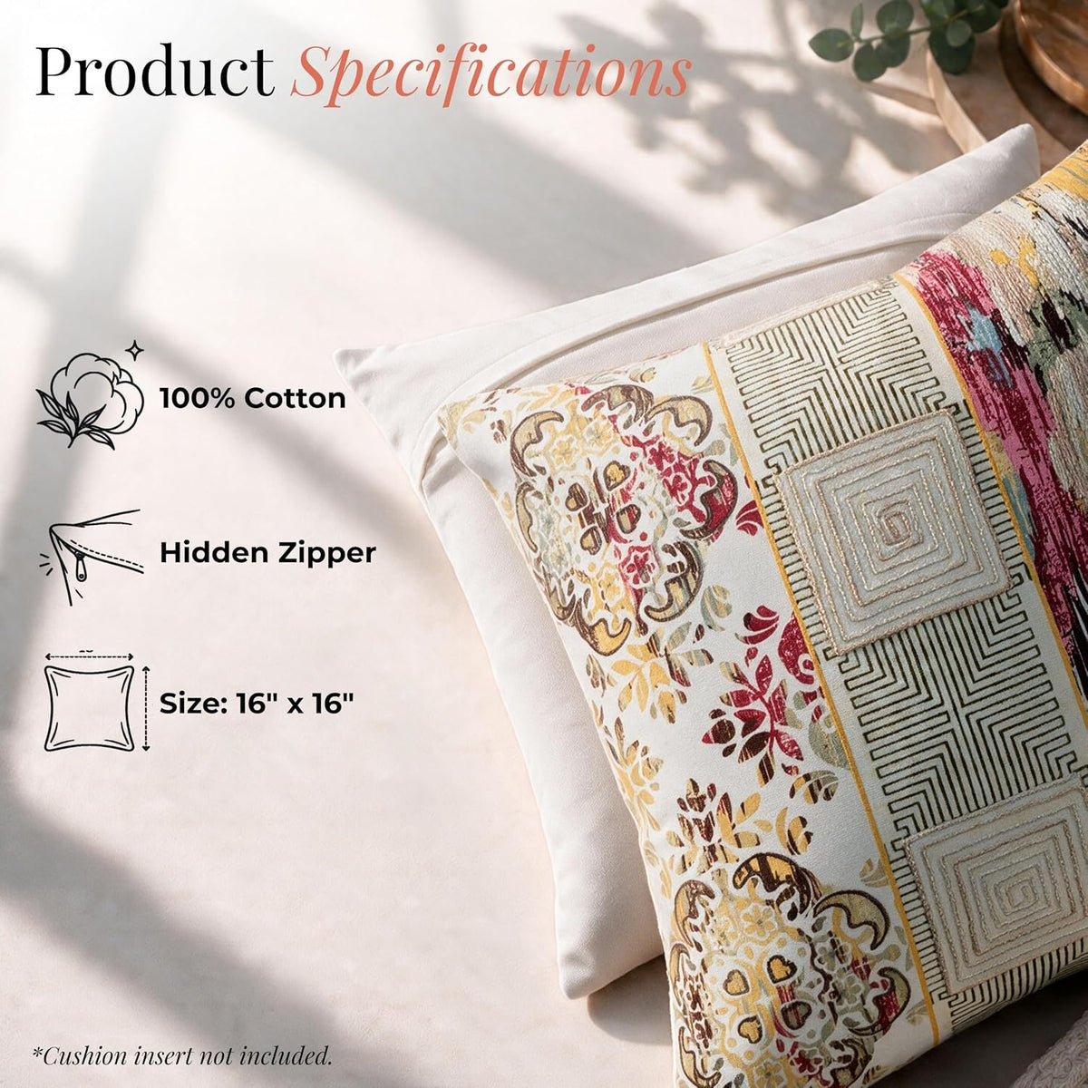 HOKIPO Satin Stitch Embroidery Cushion Cover, Multicolor Eclectic, 16 x 16 in - image 4
